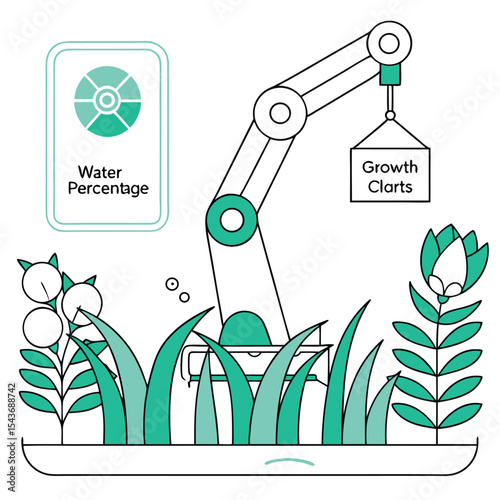 Illustration of robotic arm holding growth charts above grass with water percentage indicator nearby