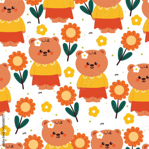 cute hand drawing cartoon bear wearing clothes with flowers seamless pattern. cute animal pattern in white background for gift warp paper and wallpaper
