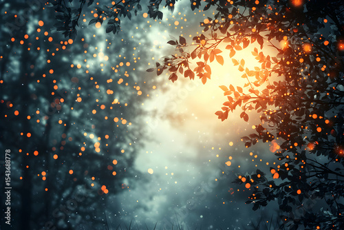 Enchanted Forest Glow with Warm Light and Dreamy Mist Scene