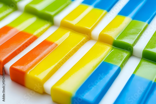 Colorful Rectangular Pieces Arranged on White Surface Creating an Abstract Pattern