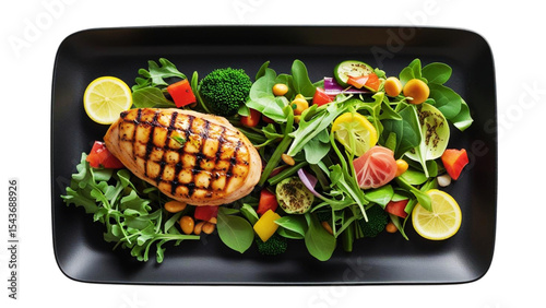 Grilled Chicken Steak with a Variety of Salad Vegetables on a Black Plate Served Appetizingly