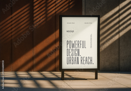 Outdoor Billboard Mockup – Minimal Street Poster Frame with Sharp Shadows on Concrete Wall