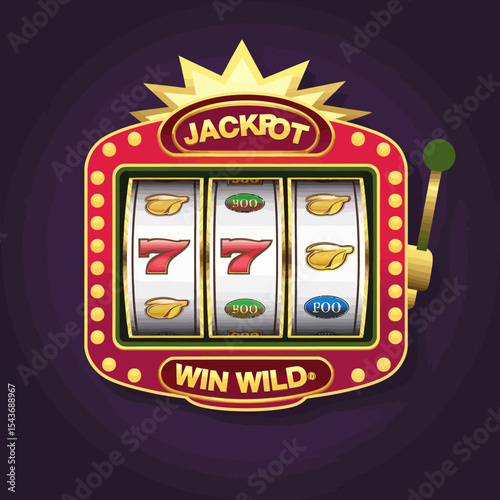 Classic Slot Machine Jackpot Win Wild Casino Game Red Gold Lucky Seven Big Win Gambling Fortune Vegas Style Illustration Design Retro Vintage Style Image fun bet risk play lever money prize lights    