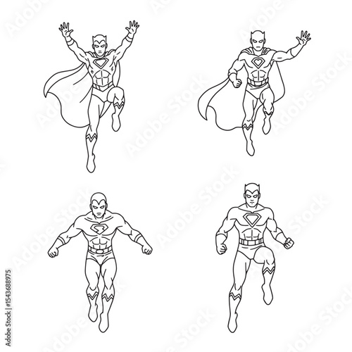 Four energetic black and white superhero characters posing in different dynamic flying positions