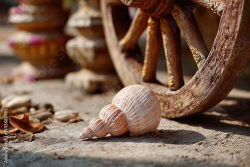 Conch shell in front of chariot wheel during Rath Yatra with blurred background and space.