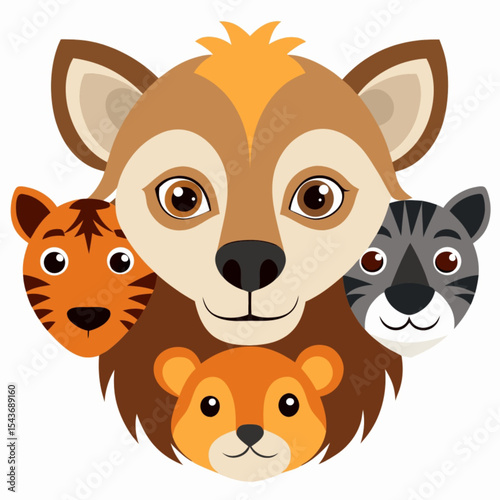 Cute brown baby animal cartoon character set with funny dog, cat, horse, and squirrel vector illustrations