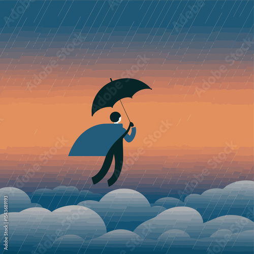 Abstract Businessman Flying Above Clouds with Umbrella Rain Storm Conceptual Art Graphic Design Illustration Image Digital Painting Modern Minimalist Style Artwork Background sky hope cape power      