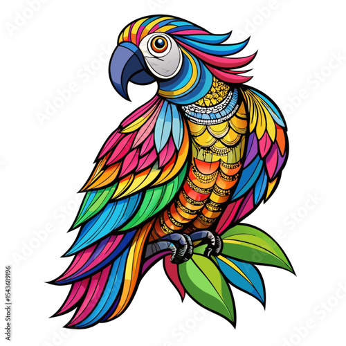 Colorful tropical parrot on a branch, a vibrant illustration of a cute macaw with exotic feathers and a distinctive beak