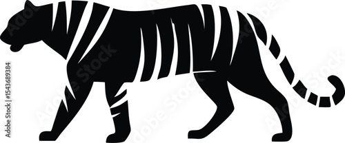 Minimalist Black Silhouette of a Tiger Icon on White Background – Powerful Vector Illustration Symbolizing Strength, Jungle Wildlife, and Predatory Elegance in Flat Design