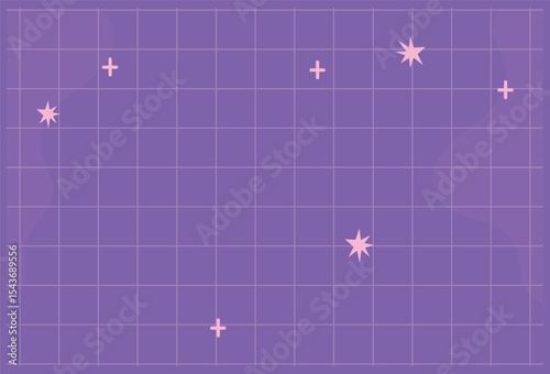 Dreamy lavender grid pattern adorned with scattered pink stars and subtle plus signs, creating a serene, whimsical backdrop.