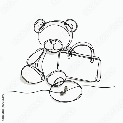 Wireframe teddy bear and suitcase icon on white background  