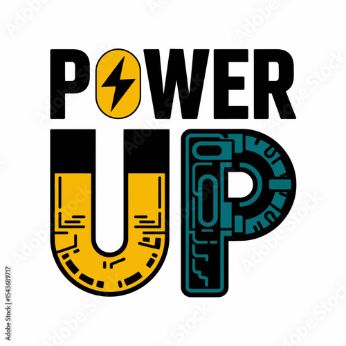 Power Up Energy Technology Design Graphic Modern Bold Yellow Teal Black Circuit Electricity Power Button Upgrade Innovation Futuristic Electrical System Digital Art Vector Illustration Icon Lines     