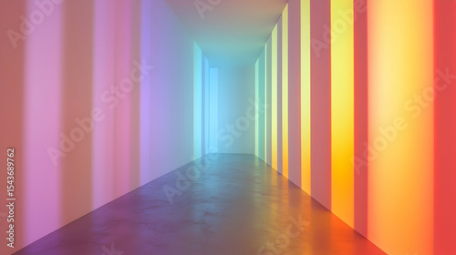 Hallway Interior with Gradient Color Light Stripes on the Wall