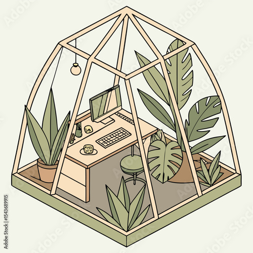 Isometric view of a desk with computer and plants inside a greenhouse structure illustration