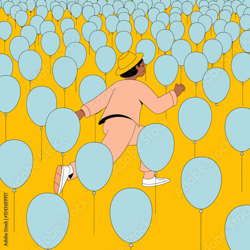 Person Running Through Field of Light Blue Balloons Yellow Background Happy Joyful Upbeat Cheerful Optimistic Positive Energetic Vibrant Playful Whimsical Fun Festive Celebration Party Balloons Air   