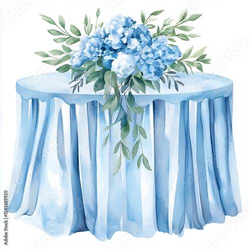 Watercolor Blue Hydrangea Centerpiece on Draped Table