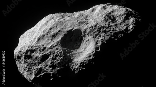 A detailed close-up of a rocky asteroid in space, showing surface craters and rugged texture against a black background