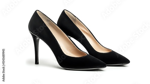 Elegant Black Suede High Heel Pumps Isolated on White Background, Fashionable Women's Footwear