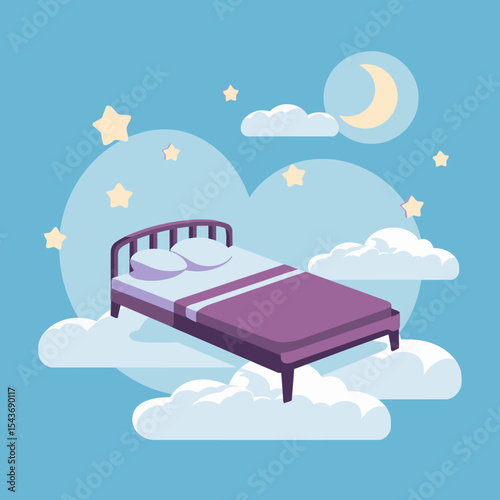 Purple Bed Floating on Clouds Peaceful Night Sky Stars Moon Dreamy Sleep Relaxation Cozy Comfort Bedroom Design Illustration Sweet Dreams Nighttime Restful Sleep Tranquil Scene Magical Atmosphere art 