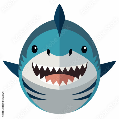 Funny cartoon blue shark monster with an open, smiling mouth and scary dental teeth illustration