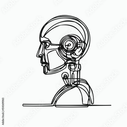 Abstract robot head illustration in line art style on white background  