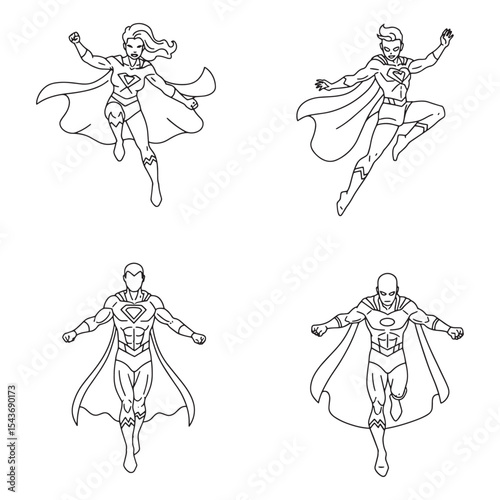 Outlined superhero characters in various poses depicting flight and dynamic movement with capes
