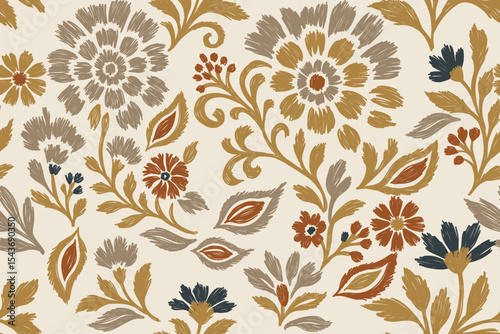 Seamless ikat floral pattern in hand-drawn embroidery style with earthy tones, traditional ethnic damask design for textile, fabric, clothing, decoration, abstract illustration background.