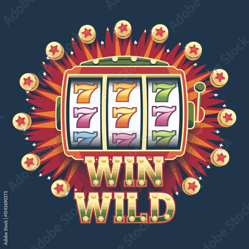Retro Slot Machine Jackpot Win Wild Casino Gambling Lucky Seven Big Win Celebration Festive Design Illustration Graphic Art Digital Image for Online Games Advertising Poster Background Fun Red 777    