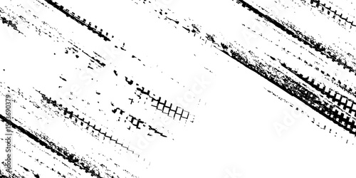 Tire tread marks, wheel textures, tire marks - car racing, motocross, drift, rally, off-road and others. Vector black isolated texture in grunge style