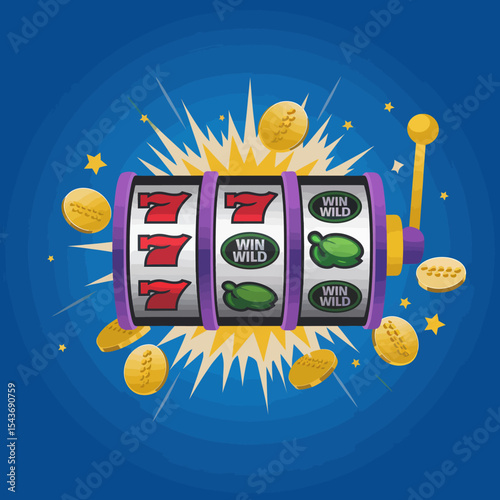 Exciting Slot Machine Jackpot Win Big Casino Game Lucky Seven Symbols Bonus Round Wilds Colorful Design Gambling Illustration Vector Graphic Digital Art bet fun 777 gold risk play money coins vegas   