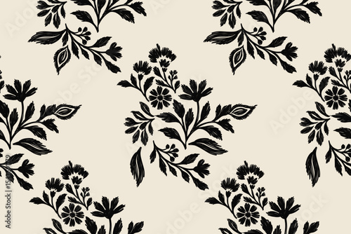 Seamless black and cream ikat floral pattern with abstract damask motif, traditional ethnic embroidery design, illustration texture for fabric, clothing, textile, decoration background.