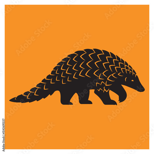 Silhouette of a pangolin in black against an orange background in flat vector style