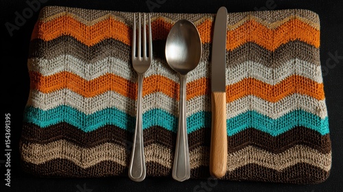 Colorful knitted placemat with a fork, spoon, and knife arranged on top, set against a dark background