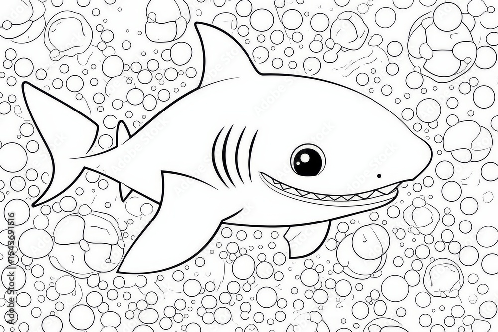 Obraz premium Minimalist coloring page of baby shark playing with toys underwater, simple bold lines for toddlers’ mosaic drawing activity