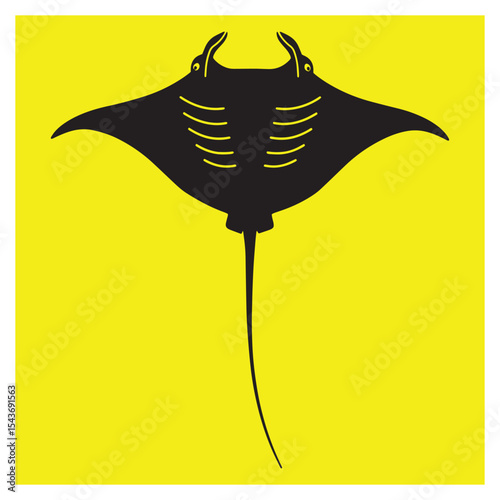 Silhouetted black manta ray swimming against a bright yellow background graphic
