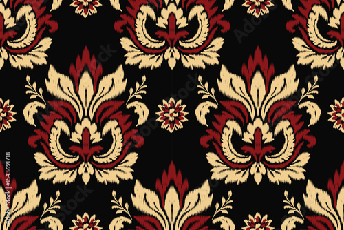 Traditional ikat floral damask pattern with red and gold motifs on black background, seamless textile design for ethnic embroidery, fabric, clothing, decoration, abstract illustration style.