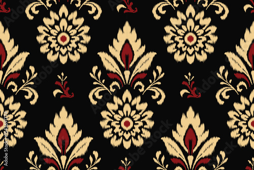 Traditional ikat floral damask pattern with red and gold motifs on black background, seamless textile design for ethnic embroidery, fabric, clothing, decoration, abstract illustration style.