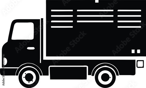 Minimal vector silhouette of a delivery truck in black and white, ideal for logistics icons, shipping services, freight transport, and modern cargo supply chain applications