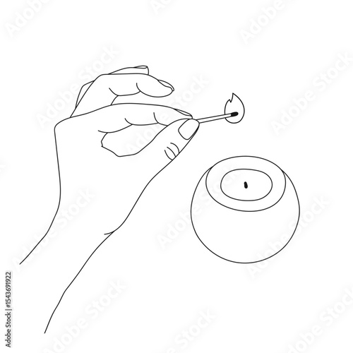Lighting a candle with a matchstick line art vector illustration