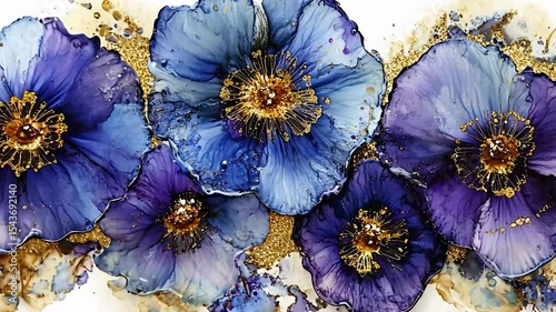 Elegant watercolor flowers in shades of blue and purple with gold accents showcasing artistic floral design