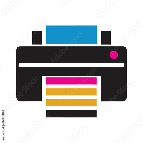 Colorful C M Y K Printer Icon Design with Black Inkjet Device and Cyan Magenta Yellow Key Colors on White Background
