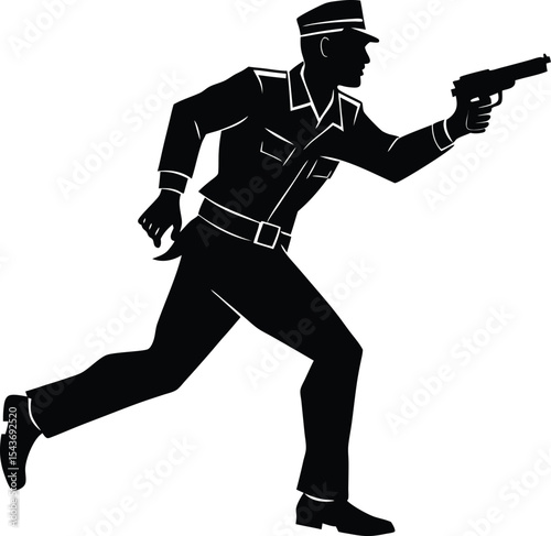 Policeman Running with Weapon in Hand During Tactical Emergency Scene
