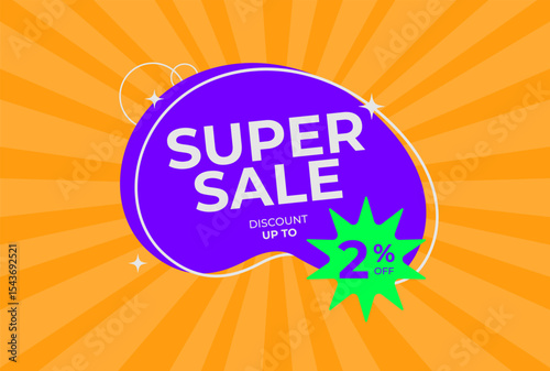 Discount up to 2% off Super sale. Two percent off promotion. Super sale business banner on rays orange background. Eps 10 vector illustration.