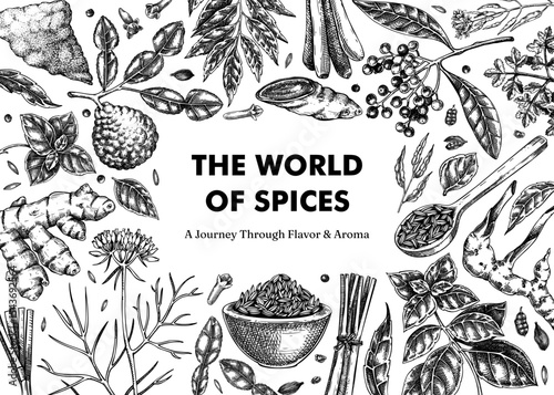 Kitchen spice and herbs banner design. Hand-drawn vector illustration. Vintage food background in sketch style. NOT AI generated
