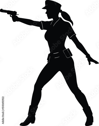 Woman Police Officer Aiming Gun in Tactical Law Enforcement Action Pose