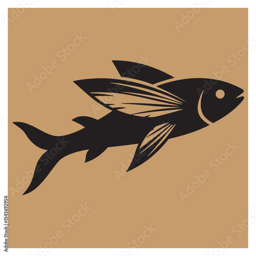 Simple black silhouette of a flying fish against a beige background for designs