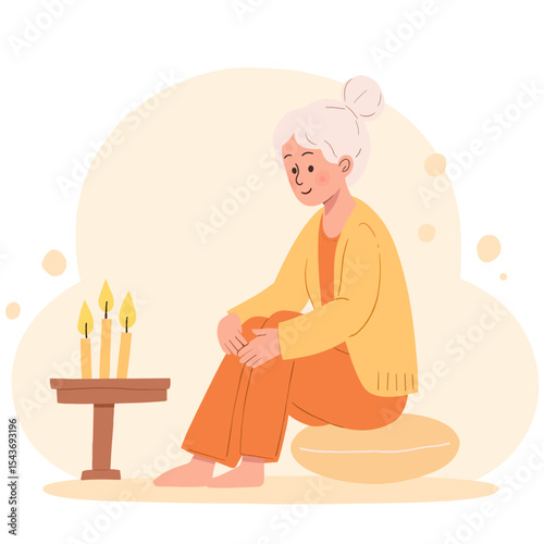 Elderly woman relaxing with candle. Cozy senior moment at home with candlelight. Retired woman resting in warm evening light. Relaxation and calm for older adult indoors. Elderly set