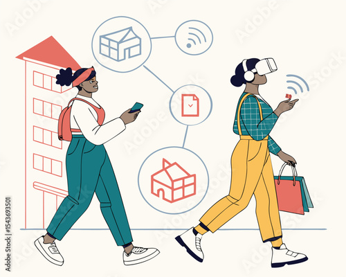 Two women walking with technology including vr headset and mobile phone near building outline