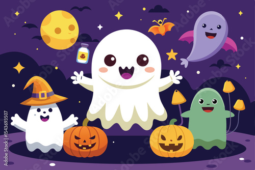 A whimsical Halloween scene featuring adorable cartoon ghosts, pumpkins, bats, and a moon.