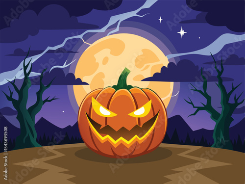 A vibrant cartoon illustration of a Jack-o'-lantern with a menacing grin, situated on a dark landscape under a full moon.